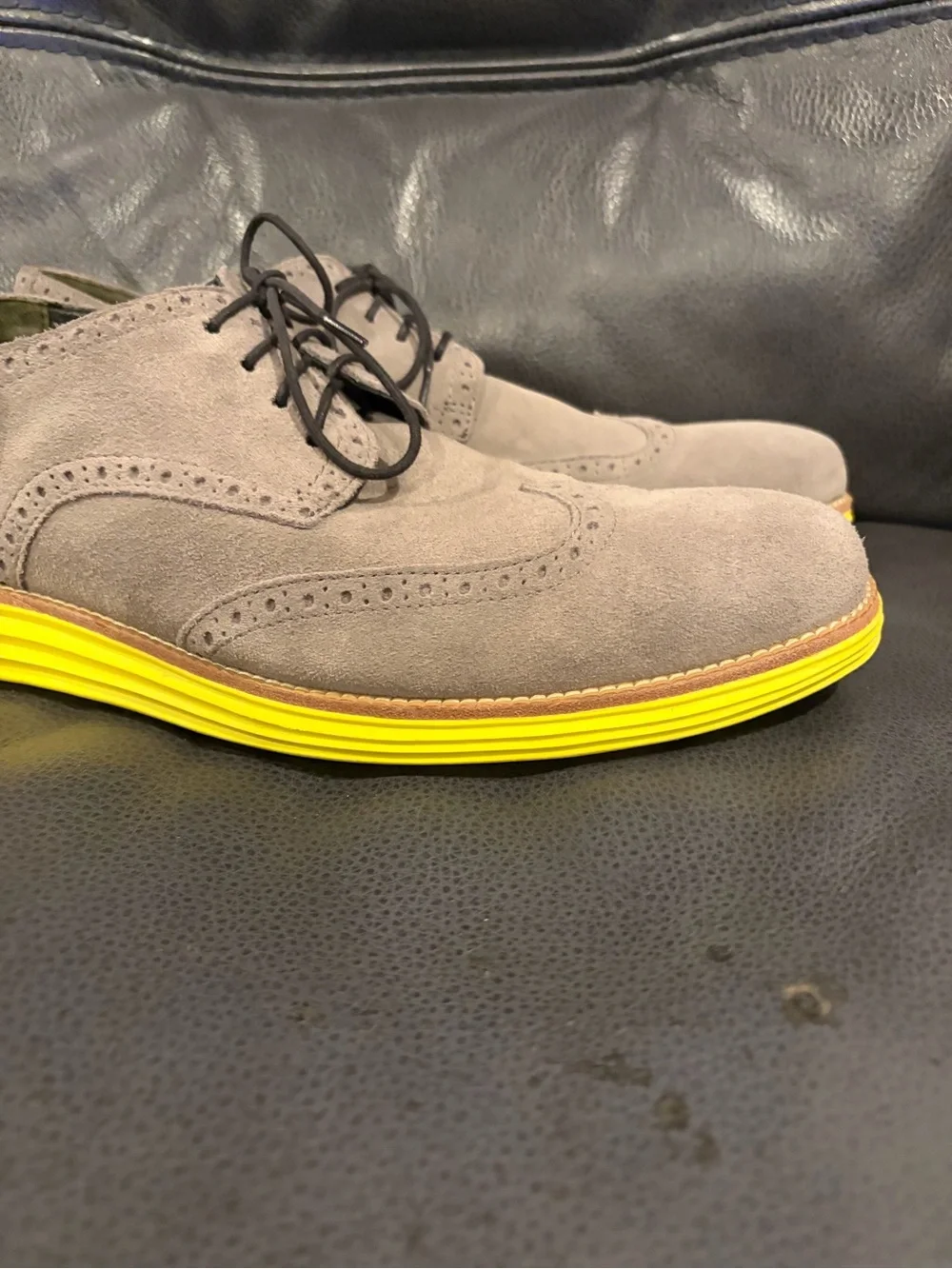 Cole Haan Grey Suede Wingtip Oxford with Yellow Sole